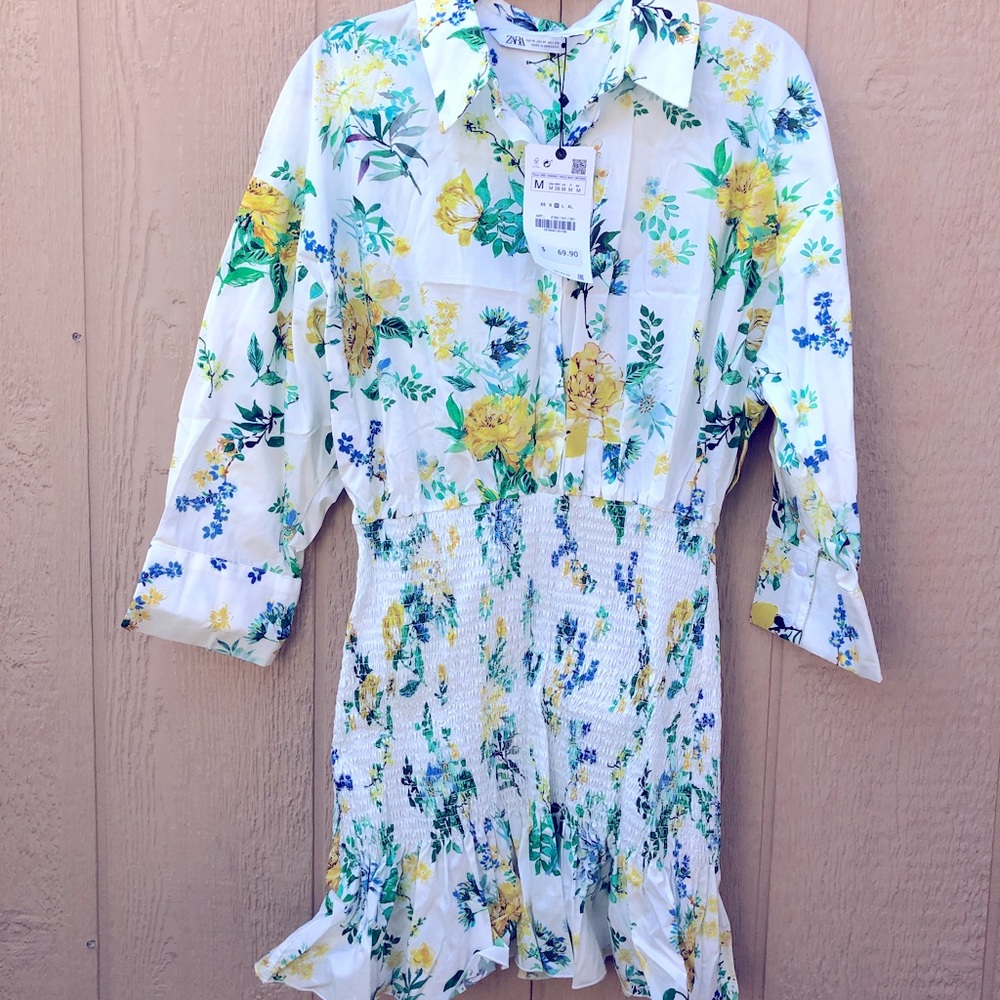 Zara floral print mini dress, green white